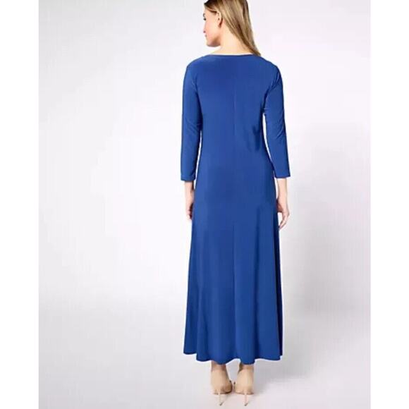 New Attitudes by Renee Petite Size Large Smock waist V-Neck Maxi Dress Blue QVC - Picture 2 of 5